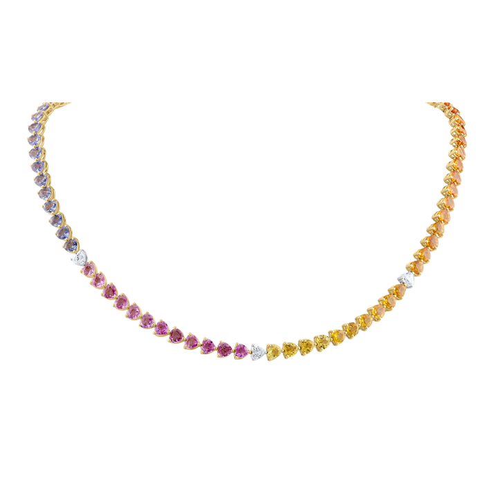 Multicolored gemstone necklace on a white background