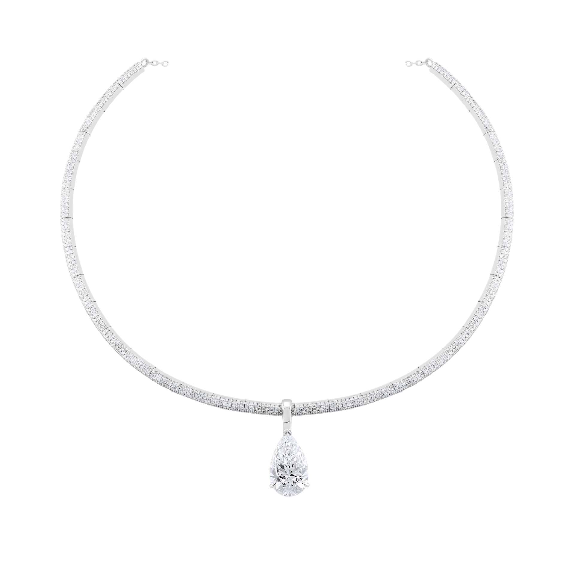 Diamond necklace with a pear-shaped pendant on a white background