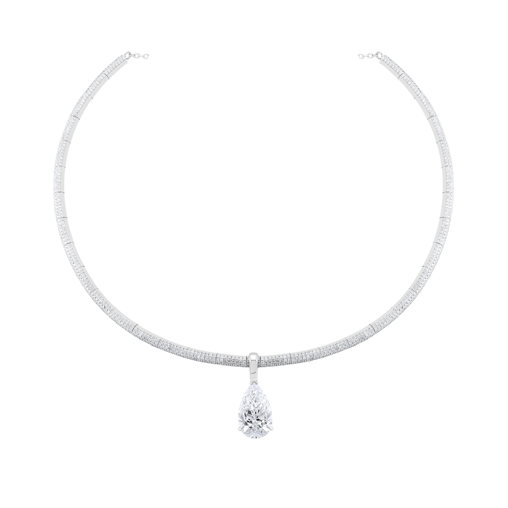 Diamond necklace with a pear-shaped pendant on a white background