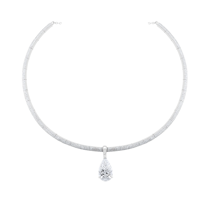 Diamond necklace with a pear-shaped pendant on a white background
