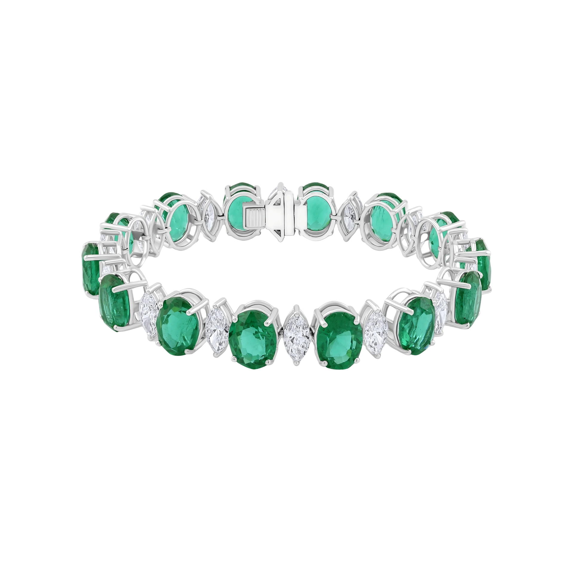 Bracelet with green gemstones and silver accents on a white background