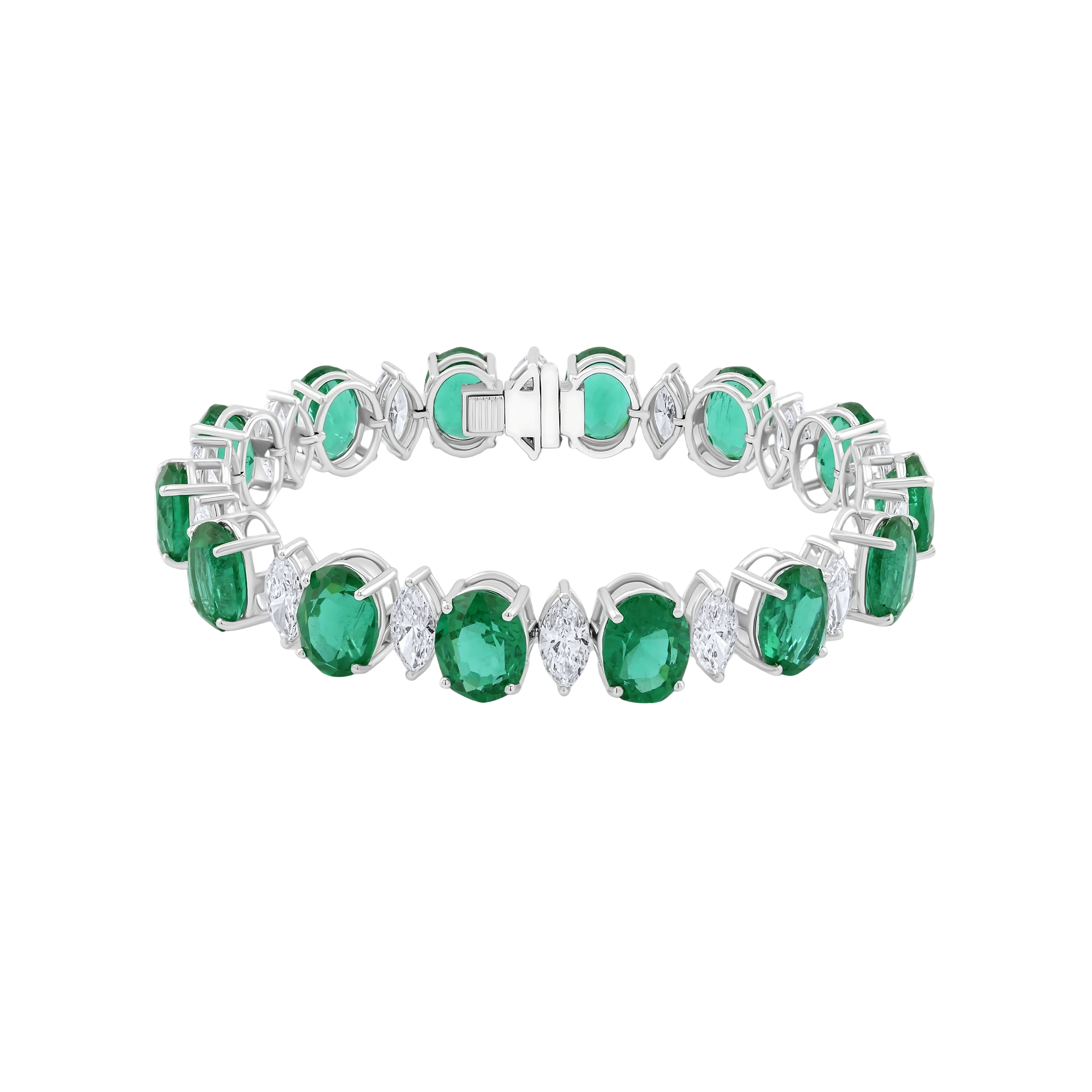 Bracelet with green gemstones and silver accents on a white background