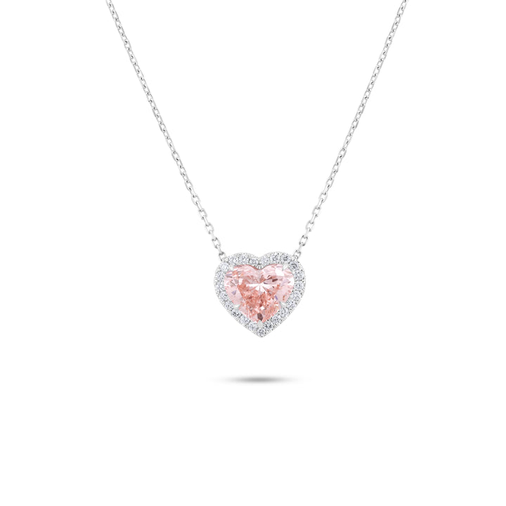 Heart-shaped pink gemstone necklace on a white background