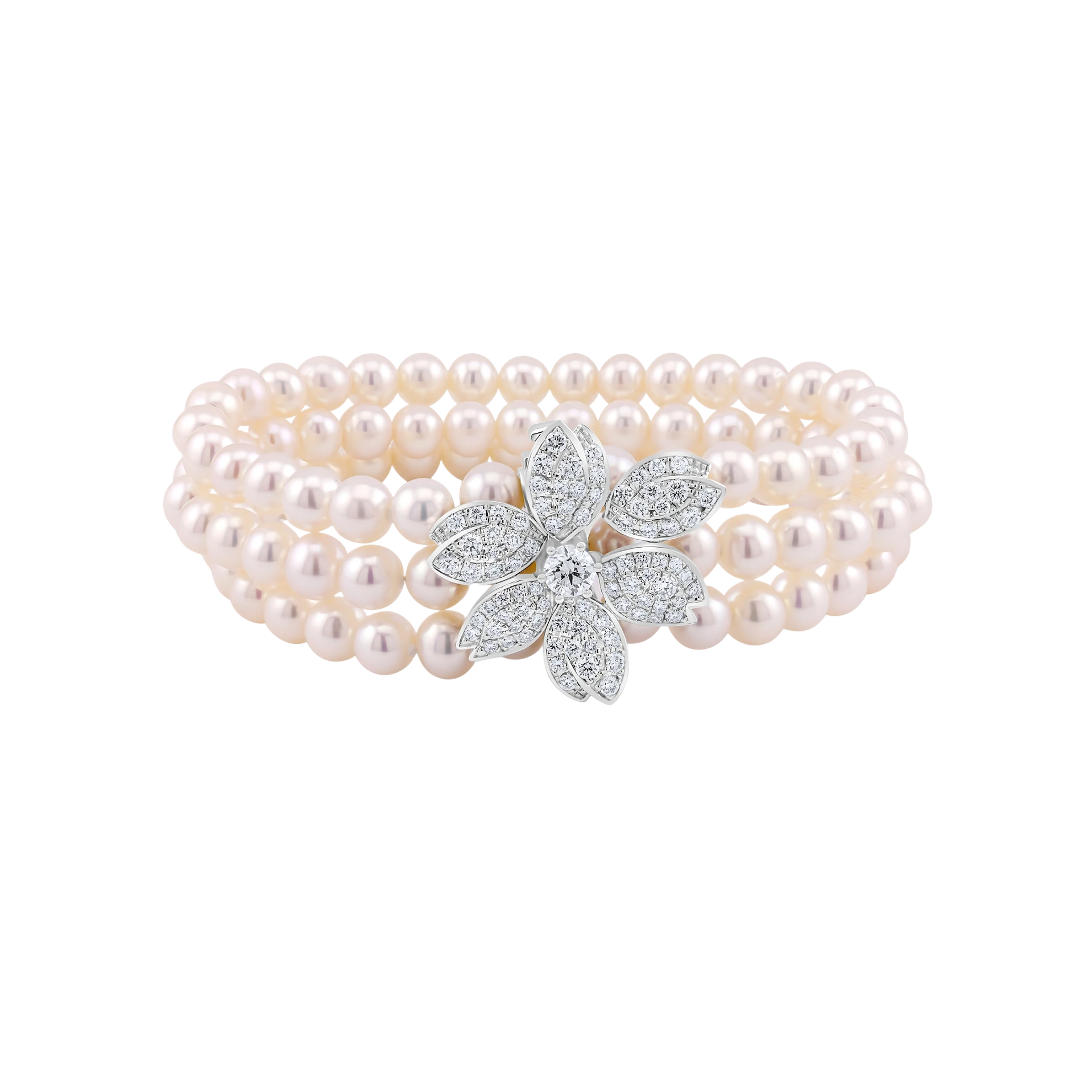 Pearl bracelet with a diamond flower clasp on a white background