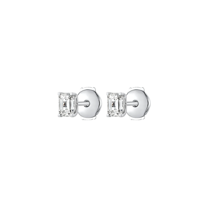 Pair of silver earrings with gemstones on a white background