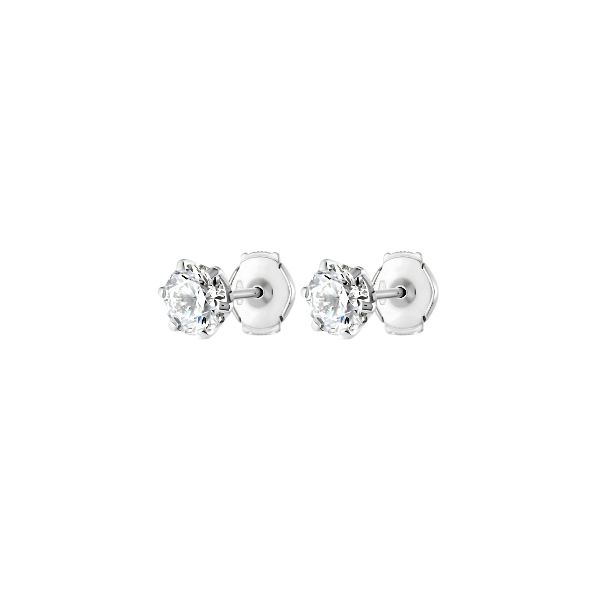 Pair of silver stud earrings with clear gemstones on a white background