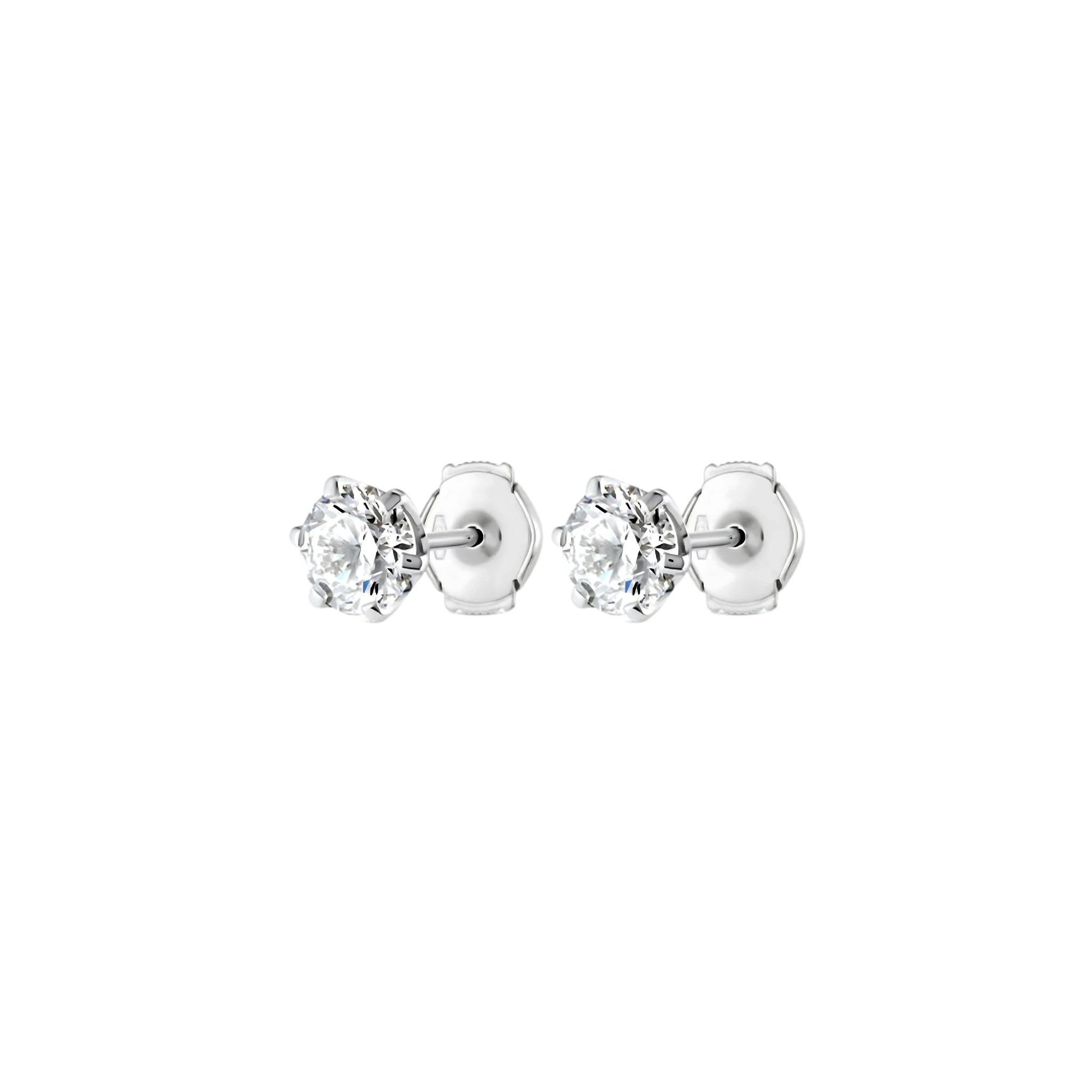 Pair of silver stud earrings with clear gemstones on a white background