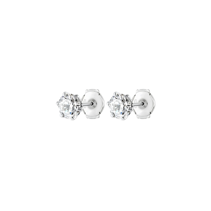 Pair of silver stud earrings with clear gemstones on a white background