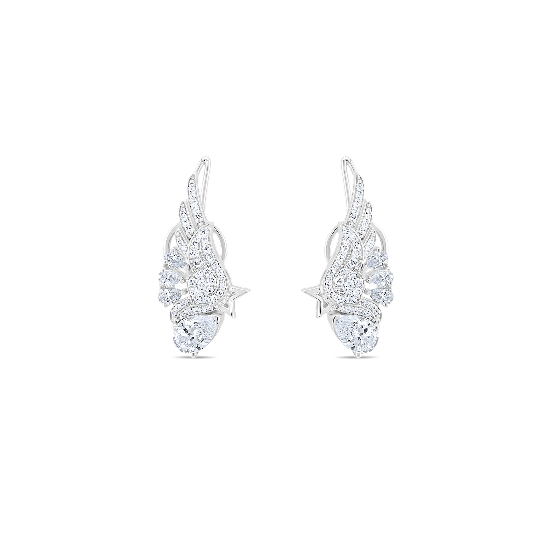 Pair of silver wing-shaped earrings on a white background