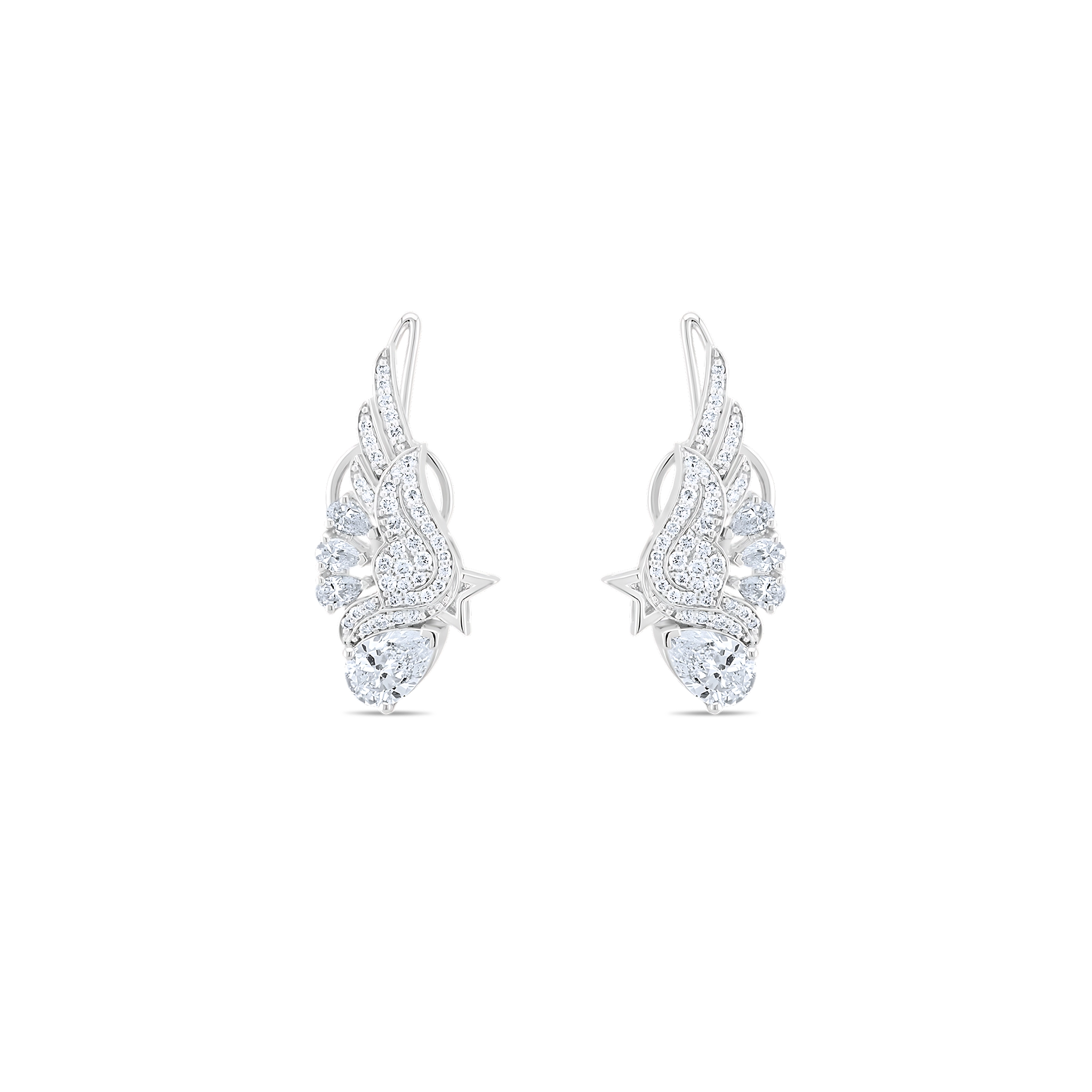 Pair of silver wing-shaped earrings on a white background