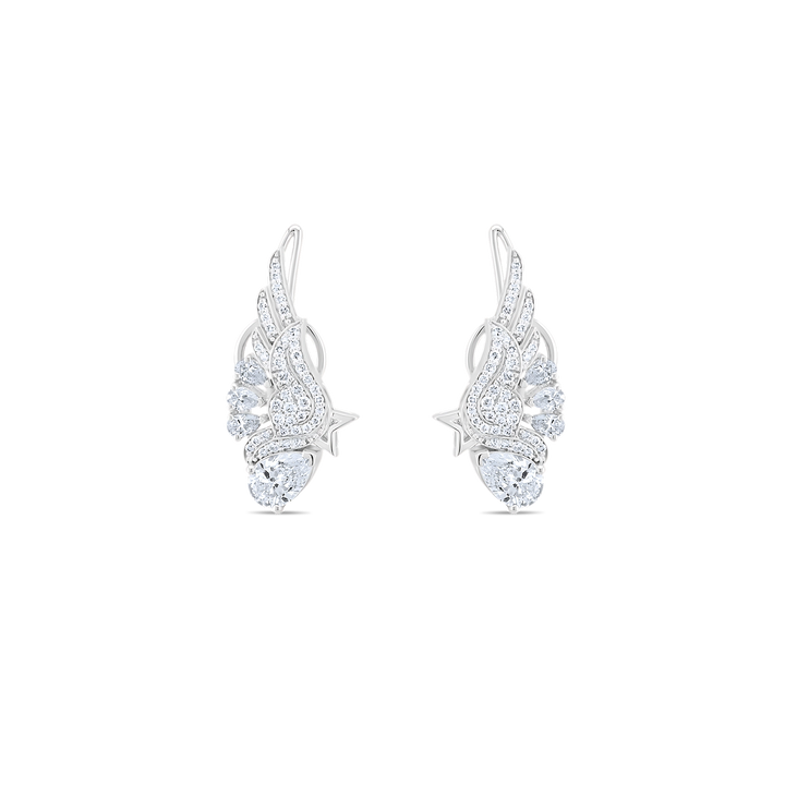 Pair of silver wing-shaped earrings on a white background