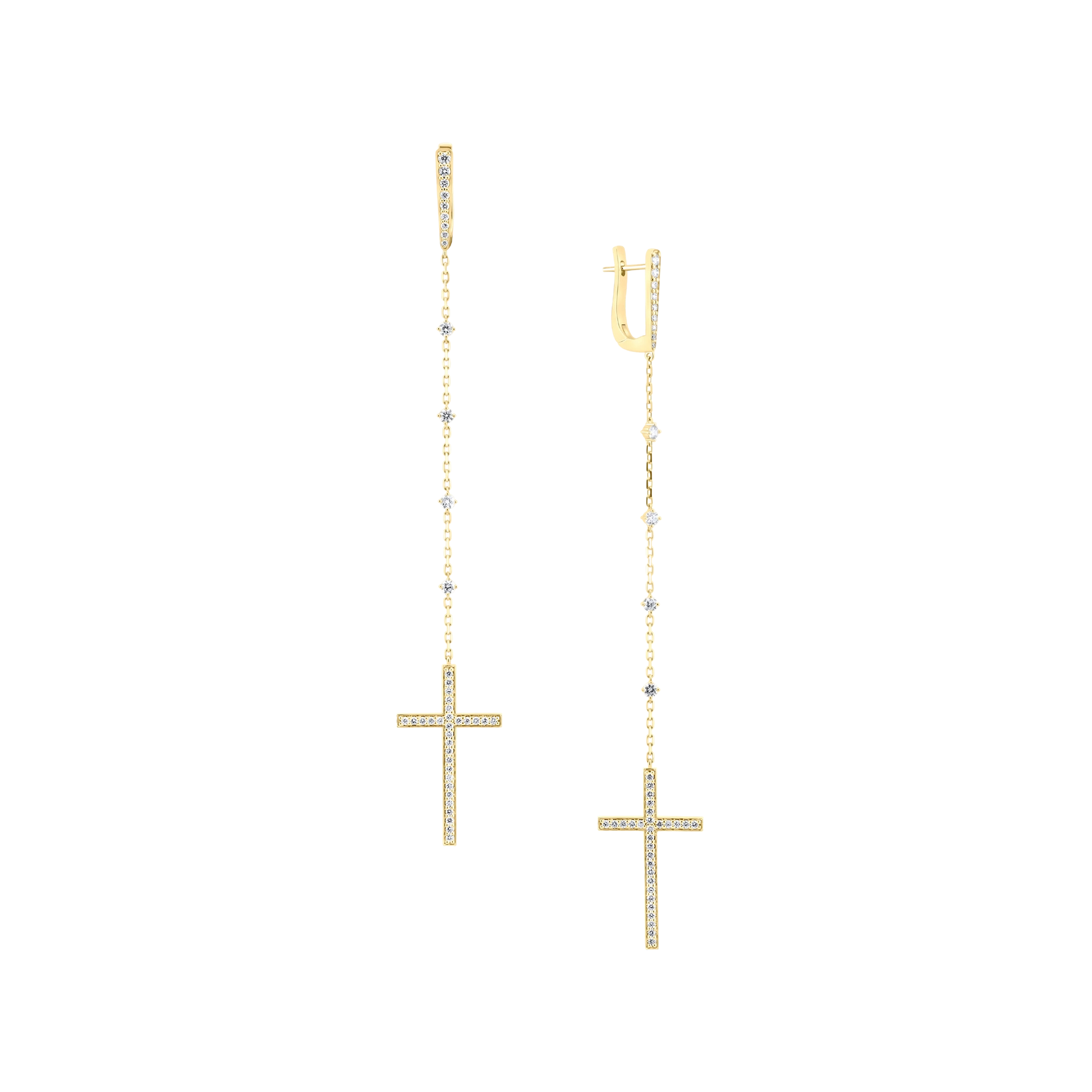 Gold cross earrings on a white background