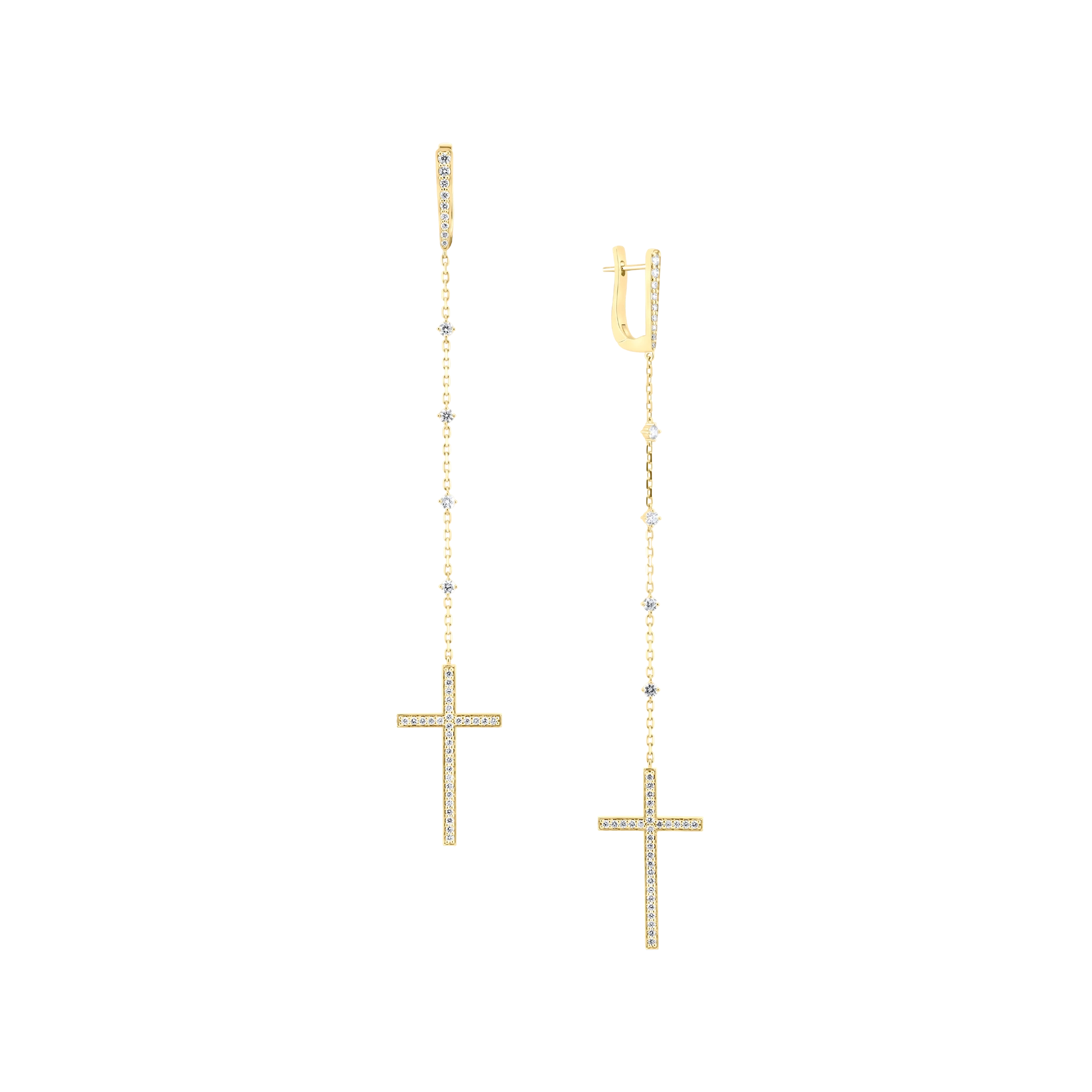 Gold cross earrings on a white background
