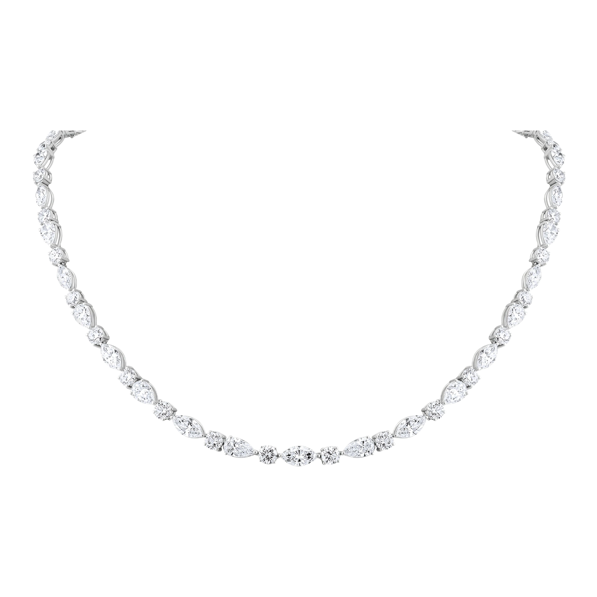Silver necklace with clear stones on a white background