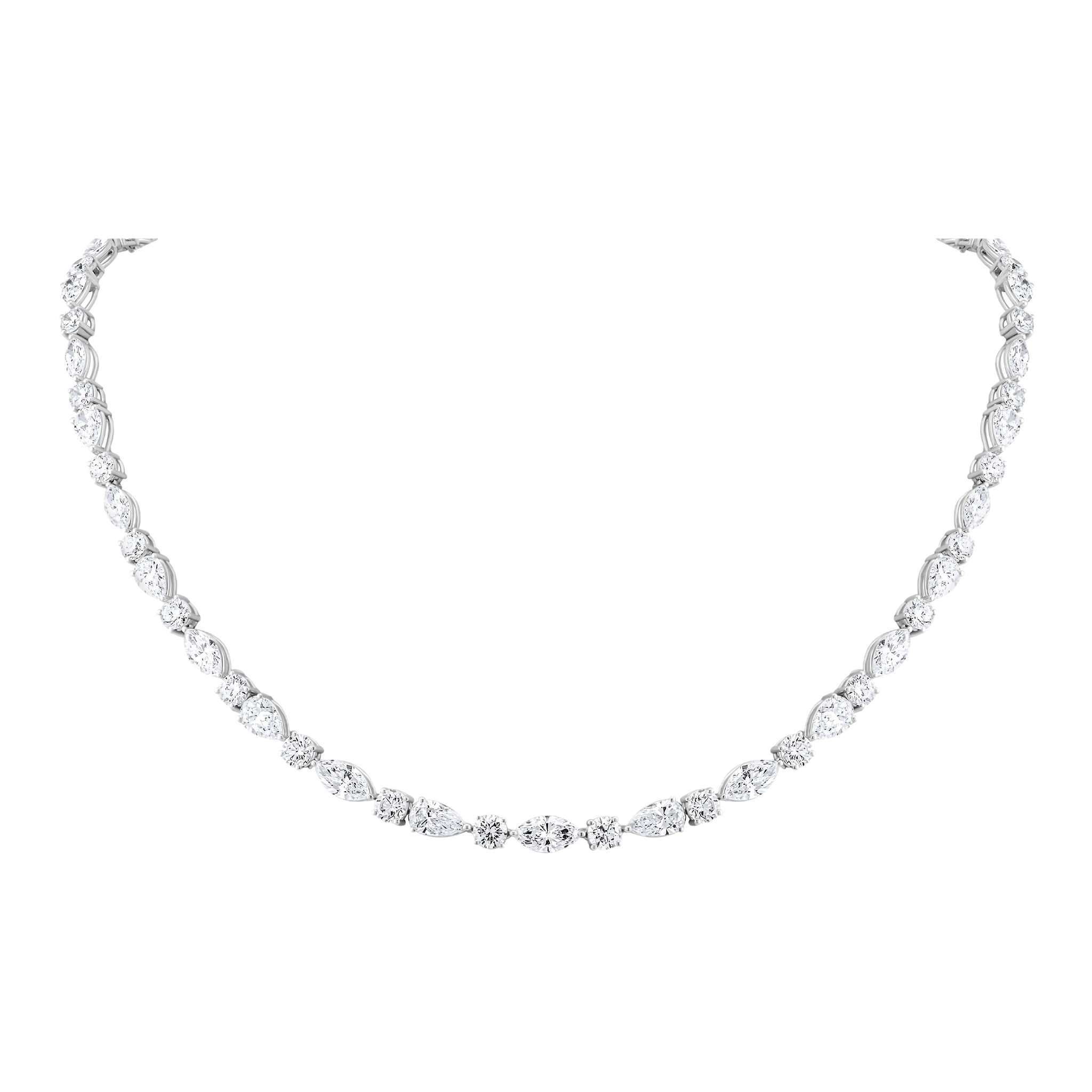 Silver necklace with clear stones on a white background