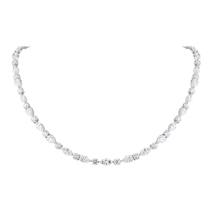 Silver necklace with clear stones on a white background
