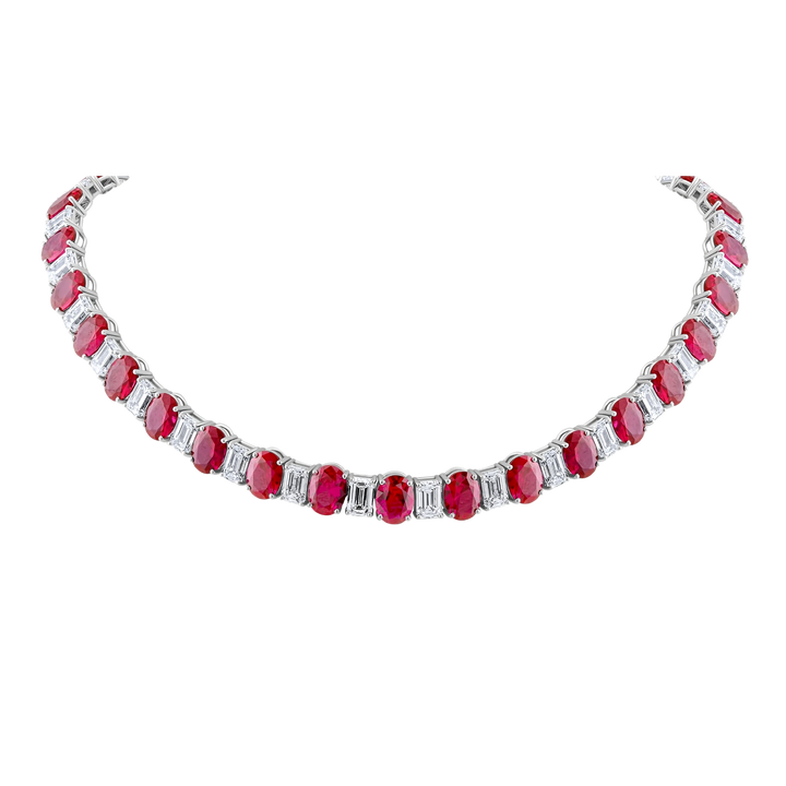 Ruby and diamond necklace on a white background