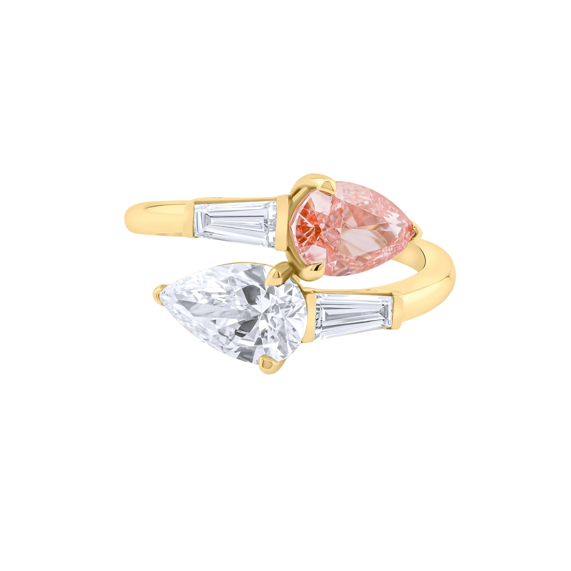 Gold ring with pink and clear gemstones on a white background