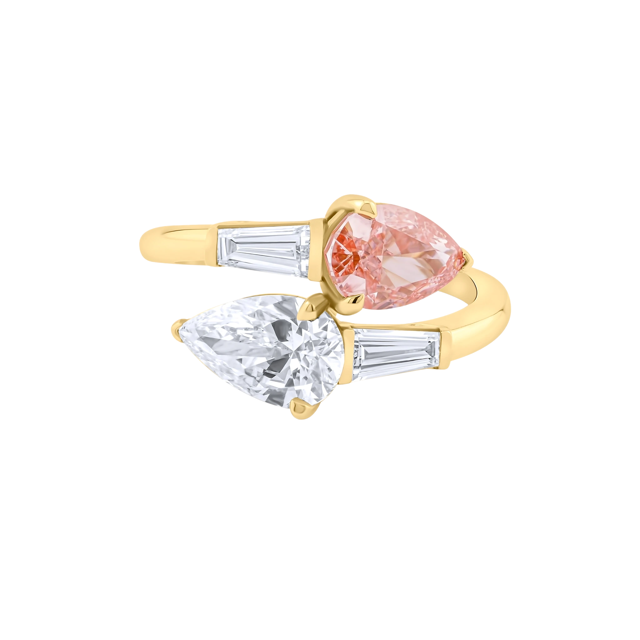 Gold ring with pink and clear gemstones on a white background