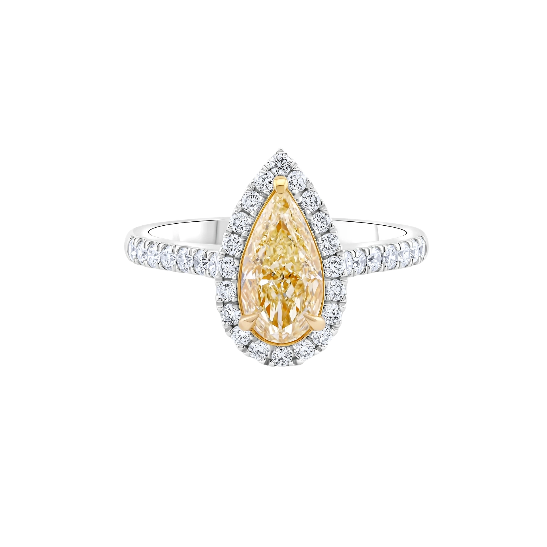 Diamond ring with a pear-shaped yellow diamond on a white background