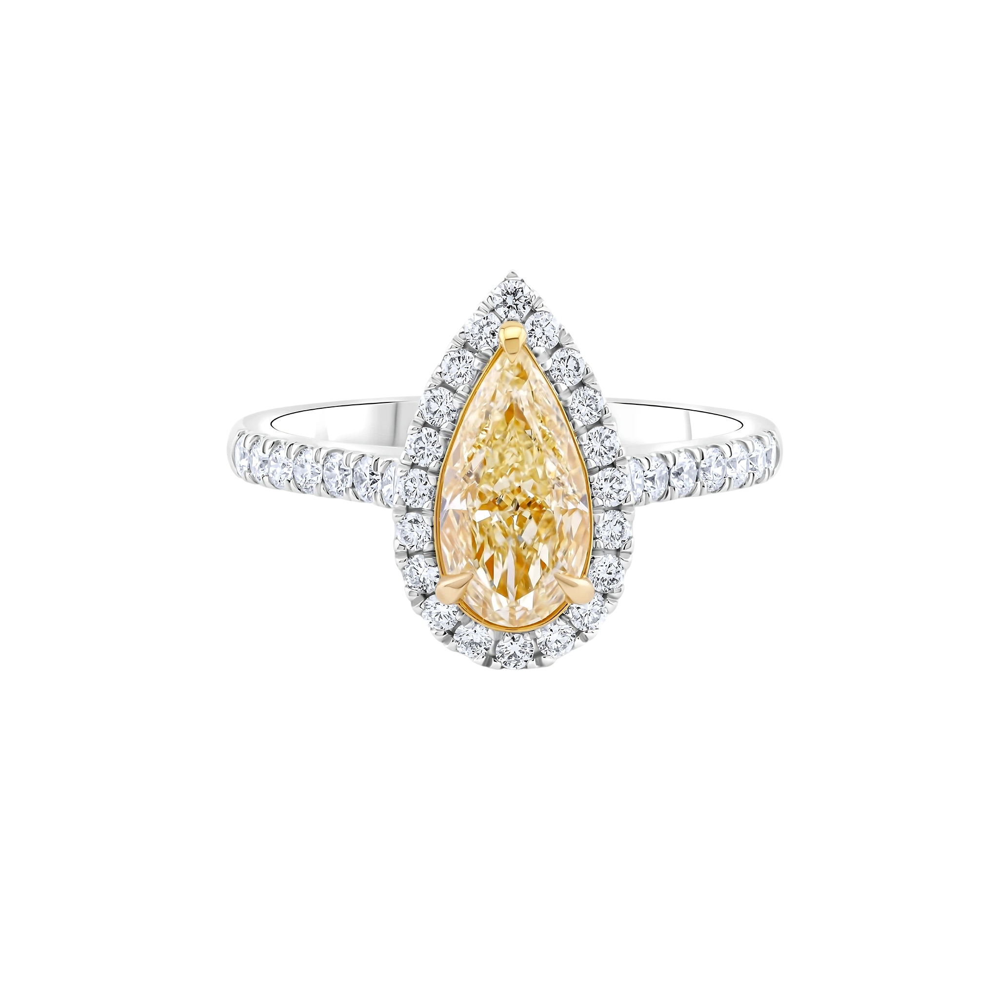 Diamond ring with a pear-shaped yellow diamond on a white background