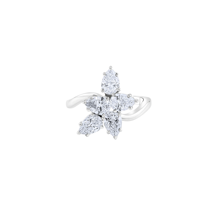 Diamond ring with a floral design on a white background