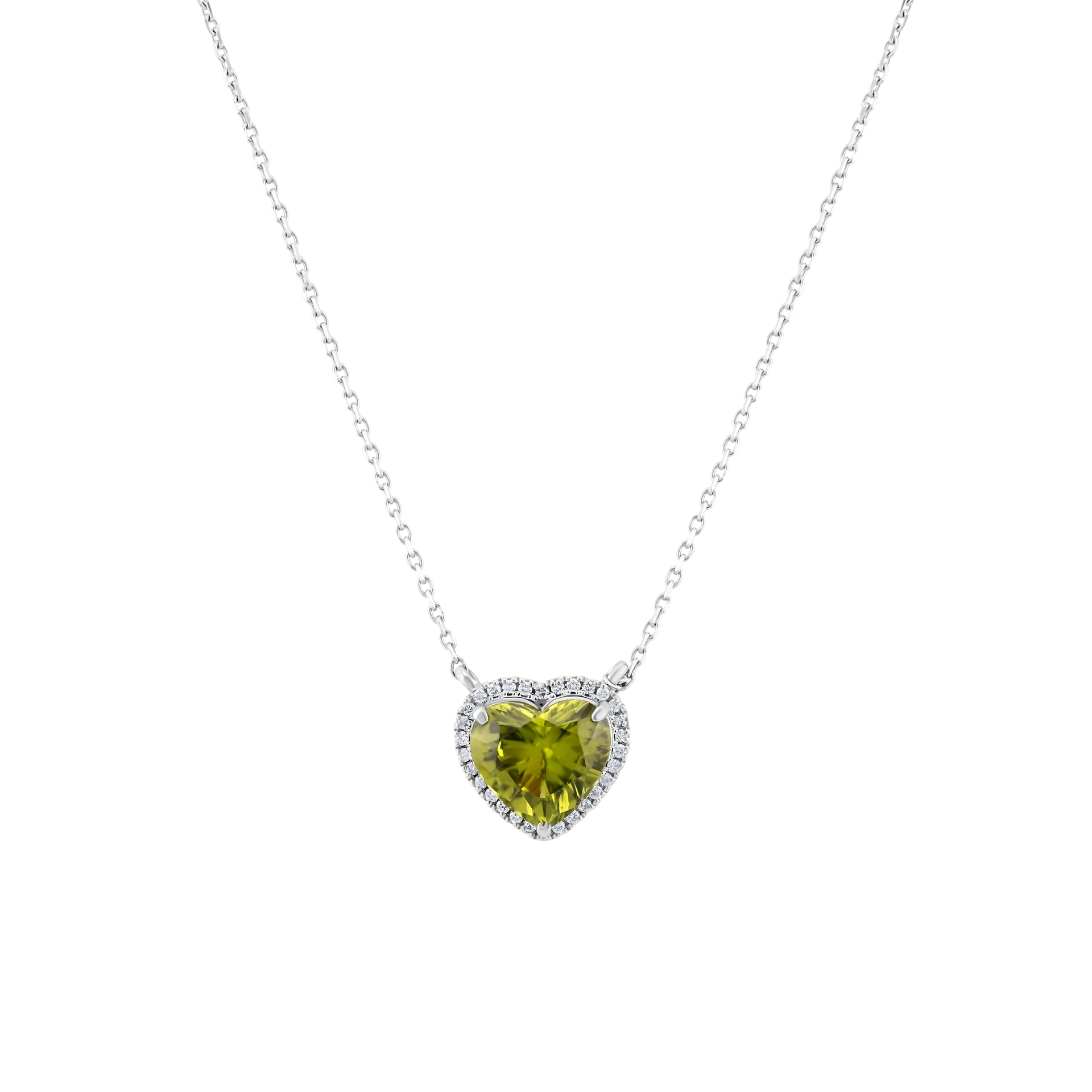 Heart-shaped green gemstone necklace on a white background