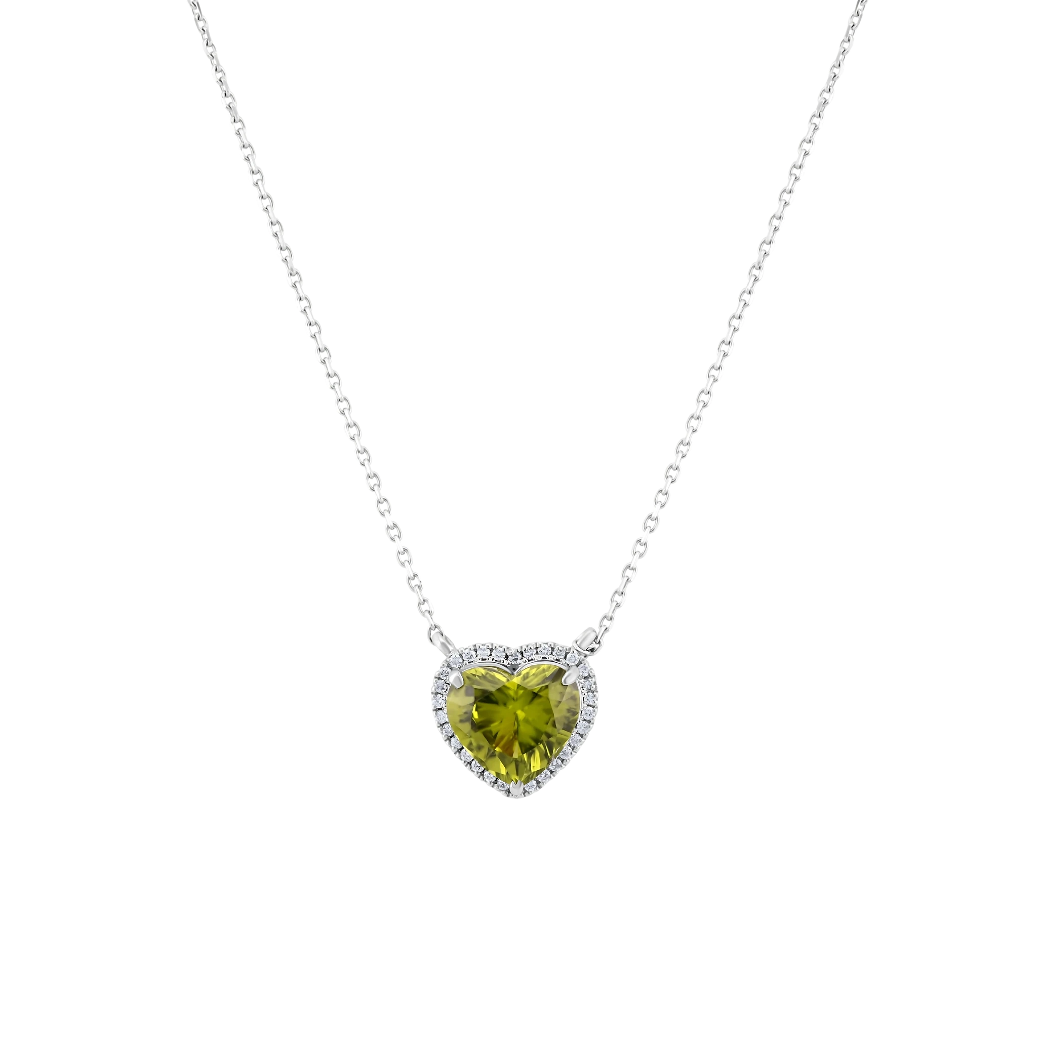 Heart-shaped green gemstone necklace on a white background