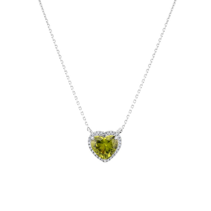 Heart-shaped green gemstone necklace on a white background