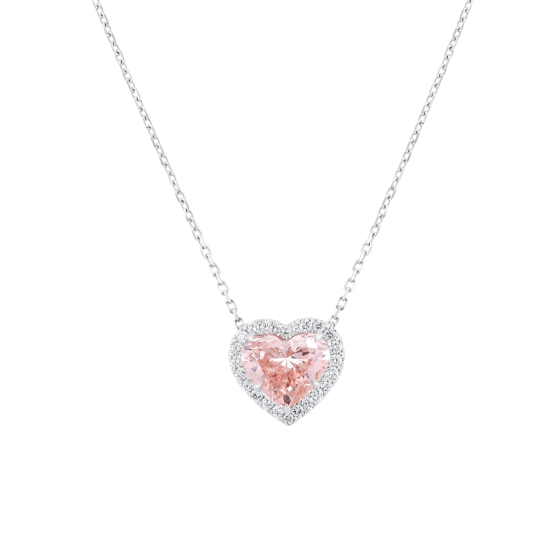 Heart-shaped pink gemstone necklace on a white background
