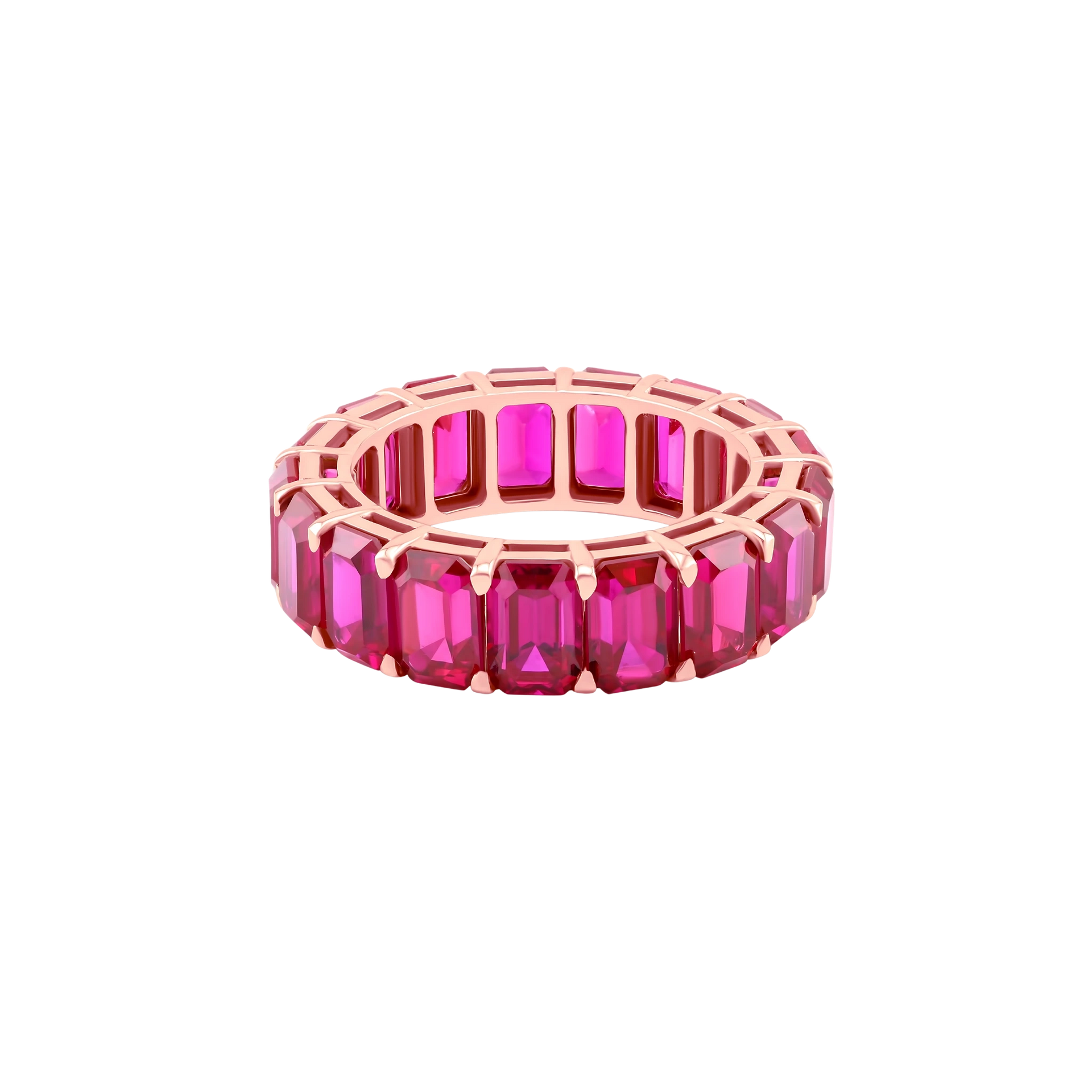 Pink gemstone ring with rose gold band on a white background