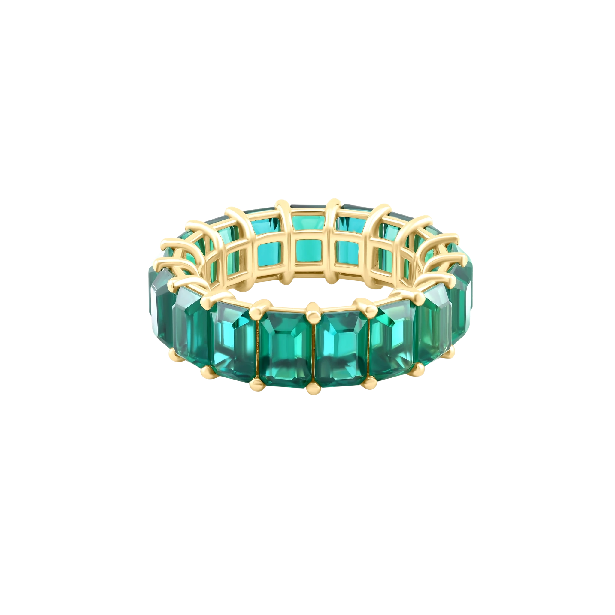 Green gemstone ring with gold band on a white background