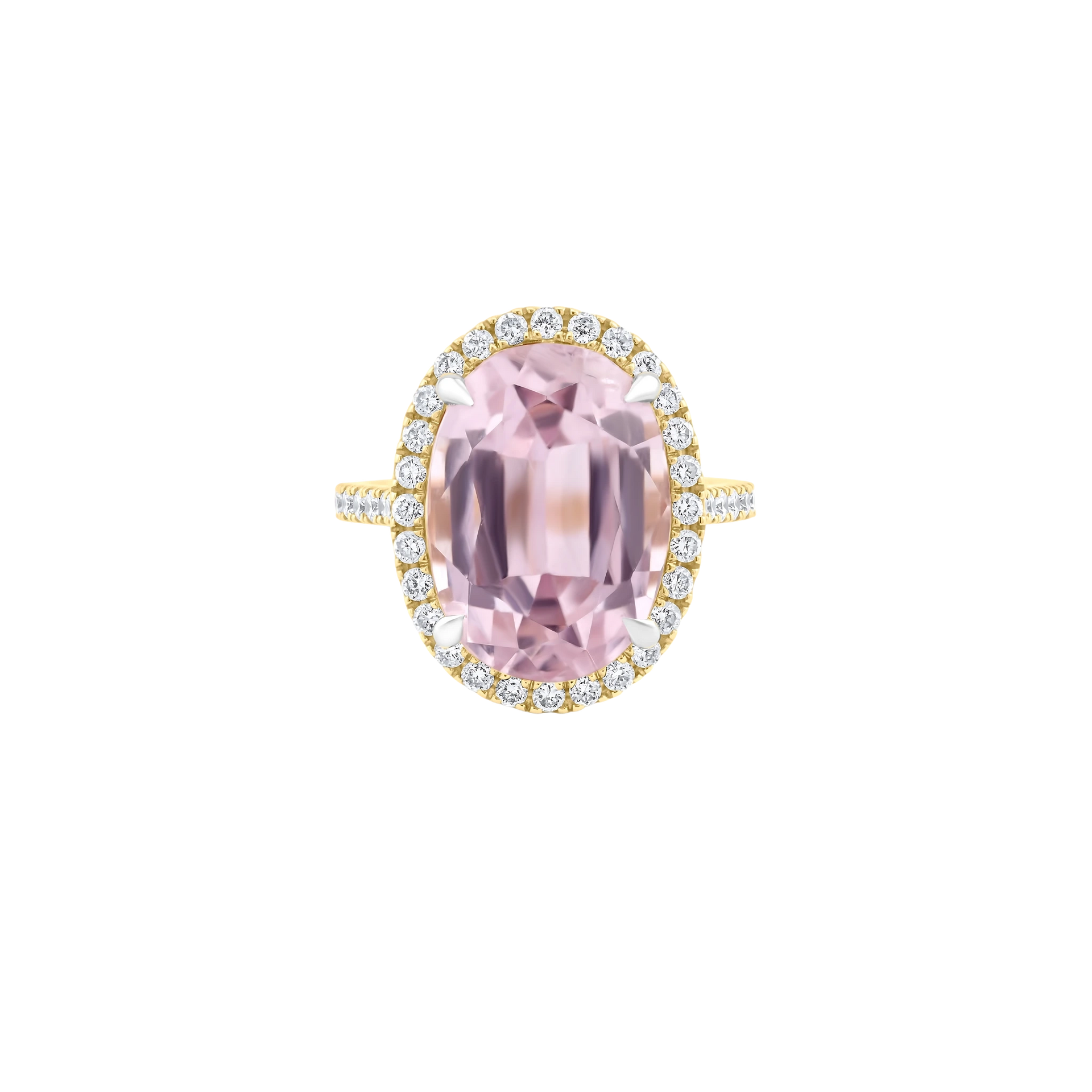 Pink gemstone ring with gold and diamond accents on a white background