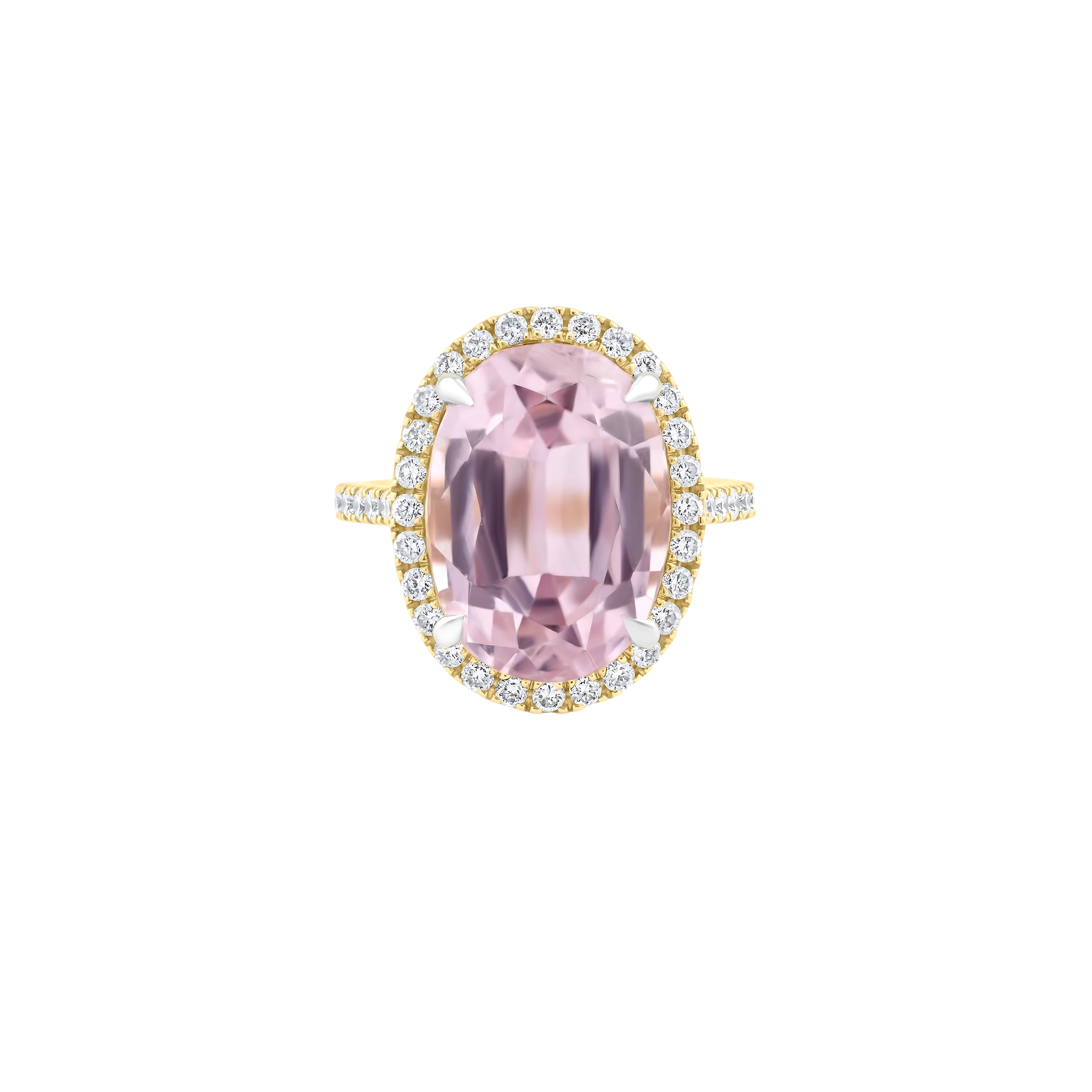 Pink gemstone ring with gold and diamond accents on a white background