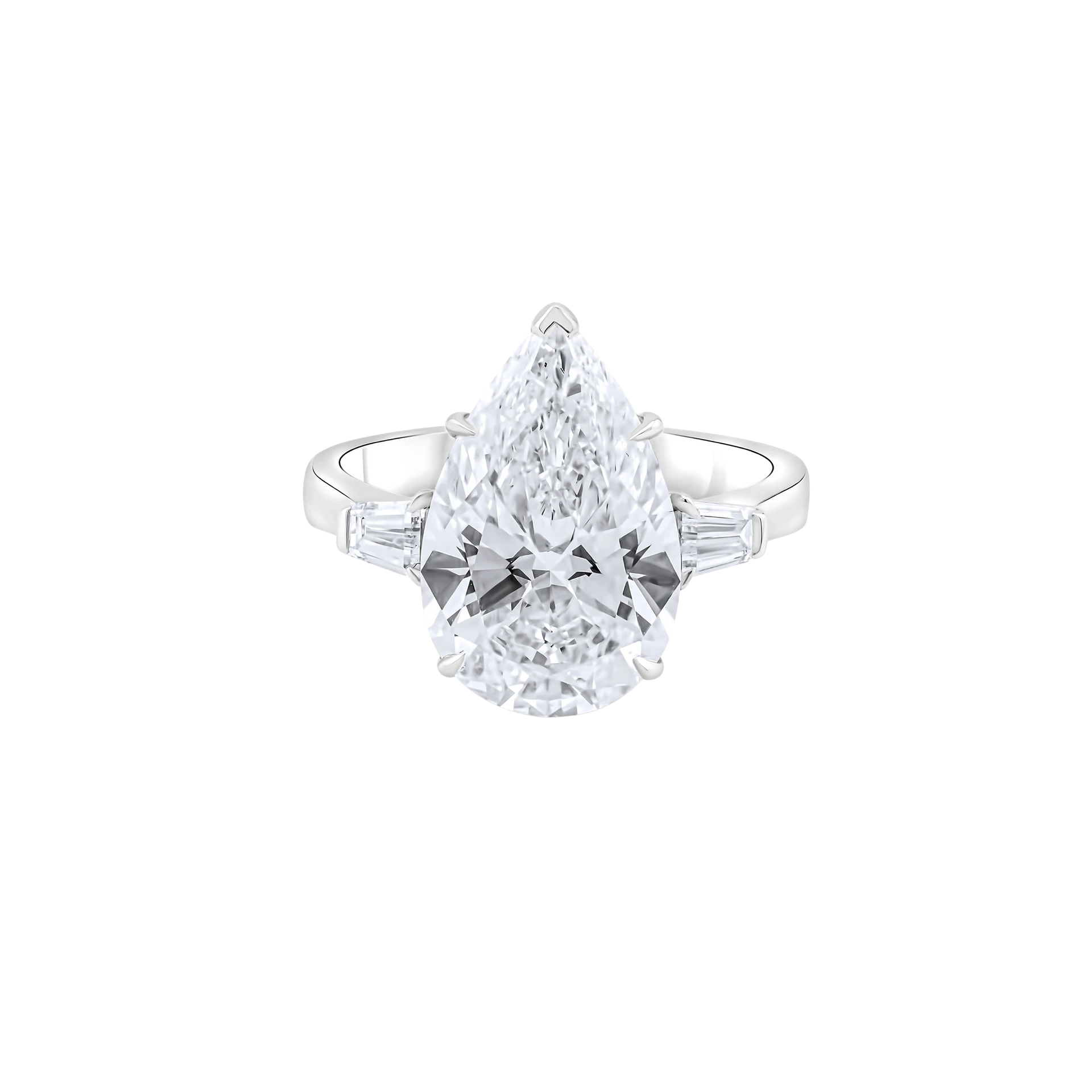 Diamond ring with a pear-shaped center stone on a white background