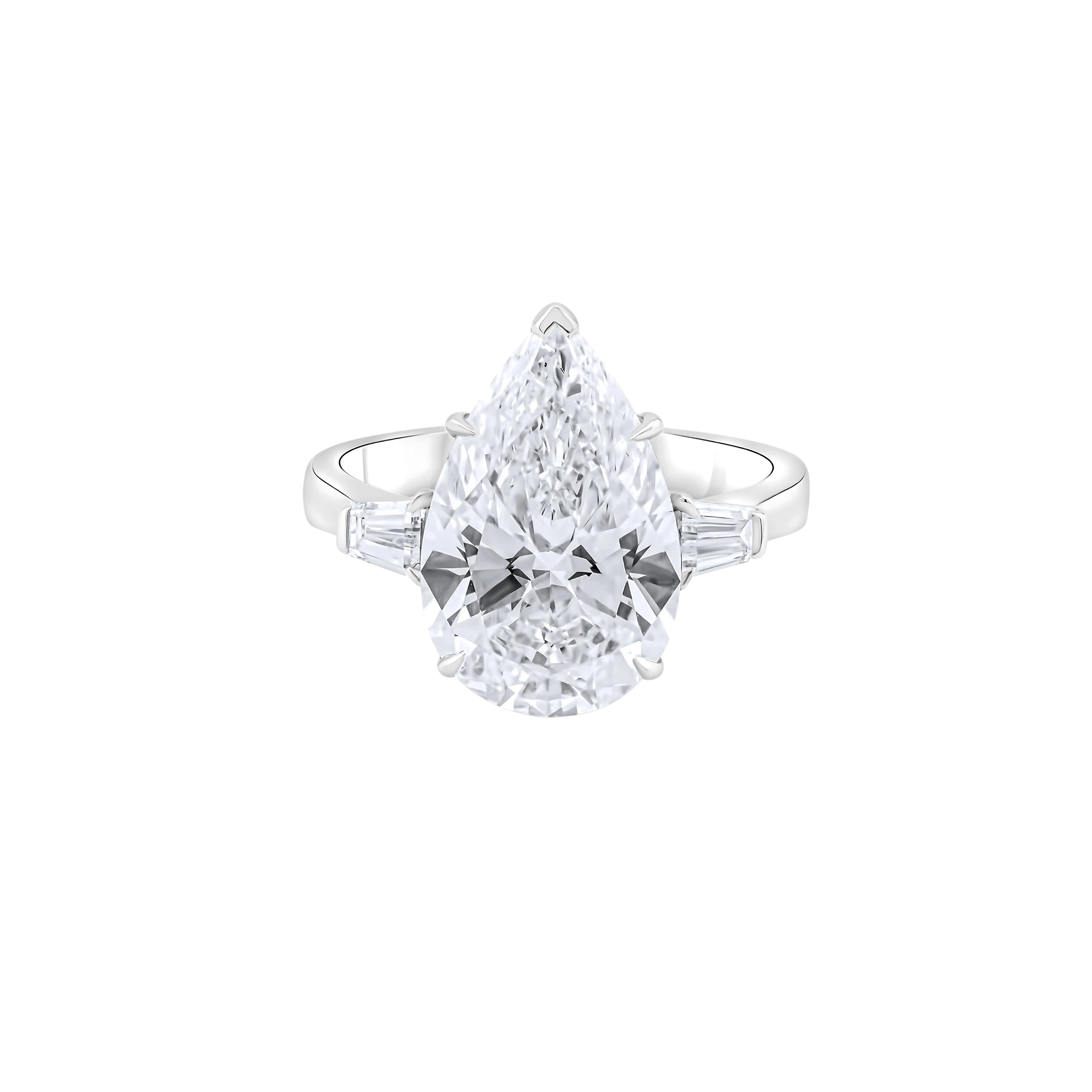 Diamond ring with a pear-shaped center stone on a white background