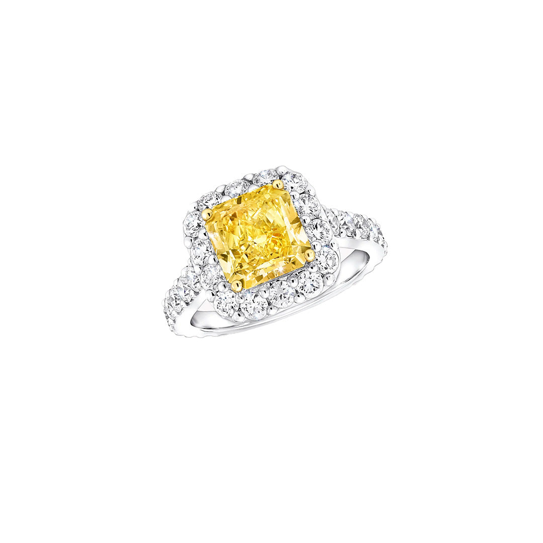 FANCY YELLOW CUSHION DIAMOND HALO RING