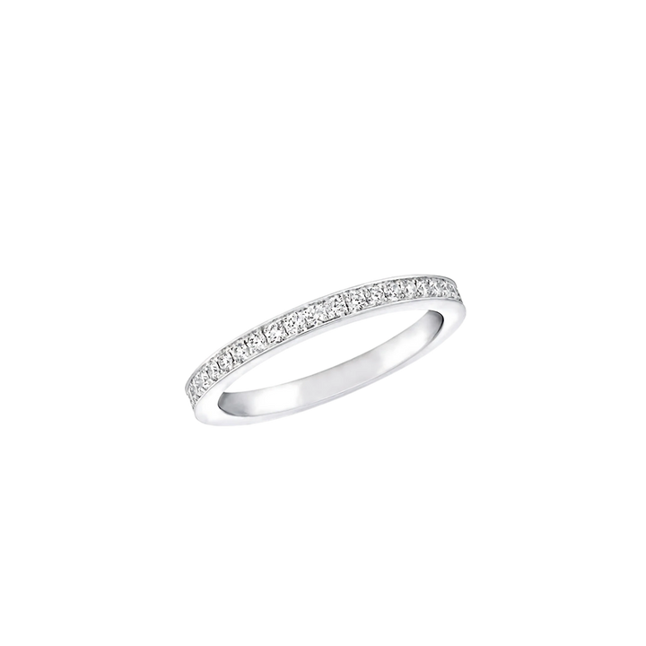 Silver ring with small diamonds on a white background