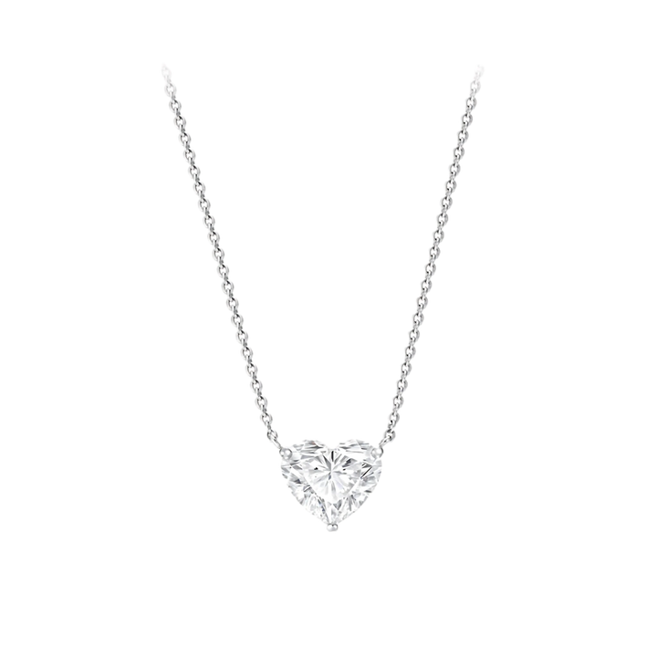 Heart-shaped diamond necklace on a white background