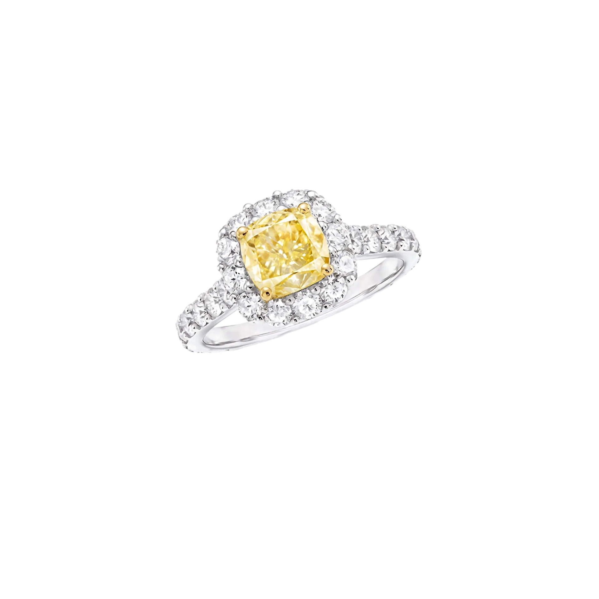 Ring with a yellow gemstone and diamond accents on a white background