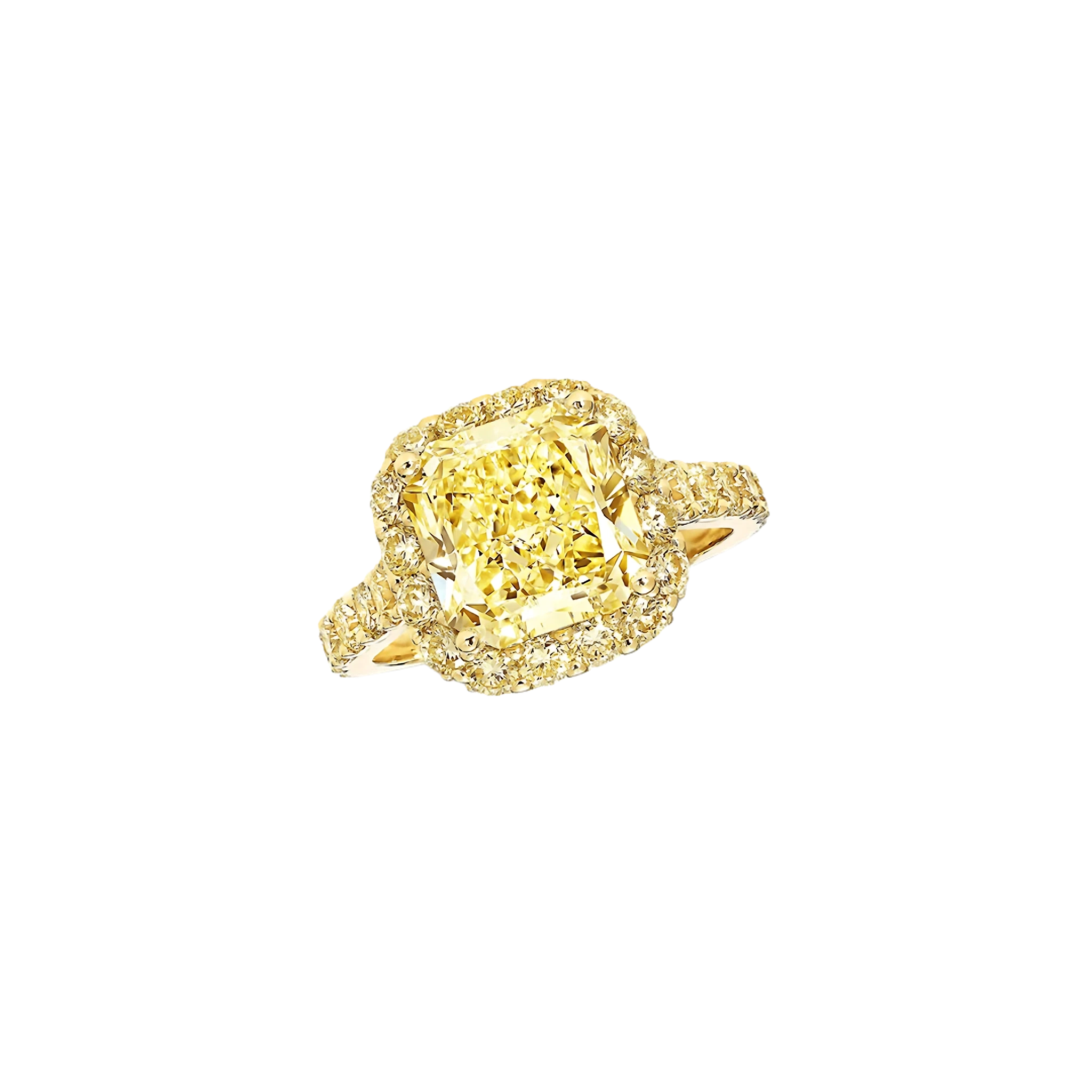 Gold ring with a large yellow gemstone on a white background