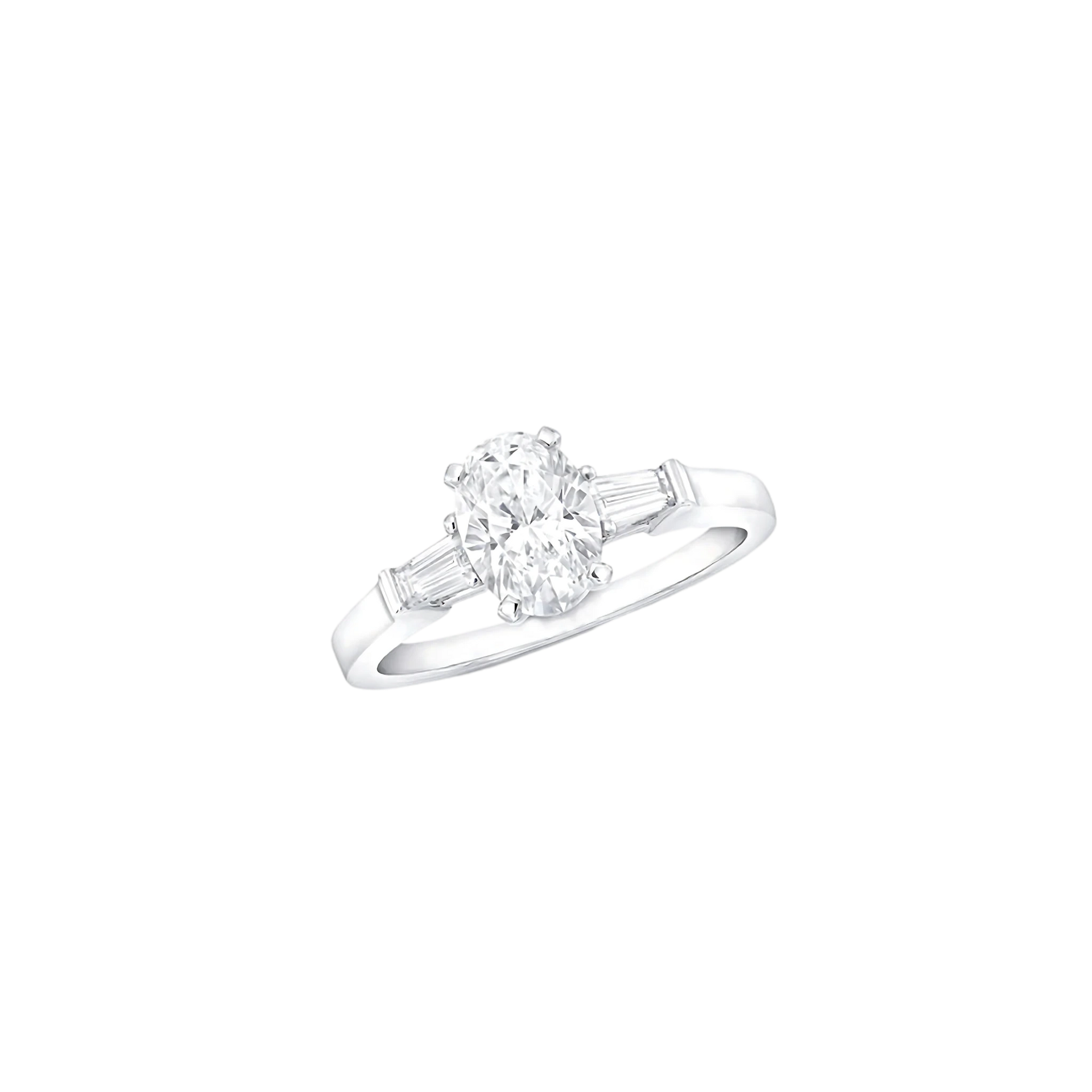 Diamond ring with a central gemstone and two smaller stones on a white background