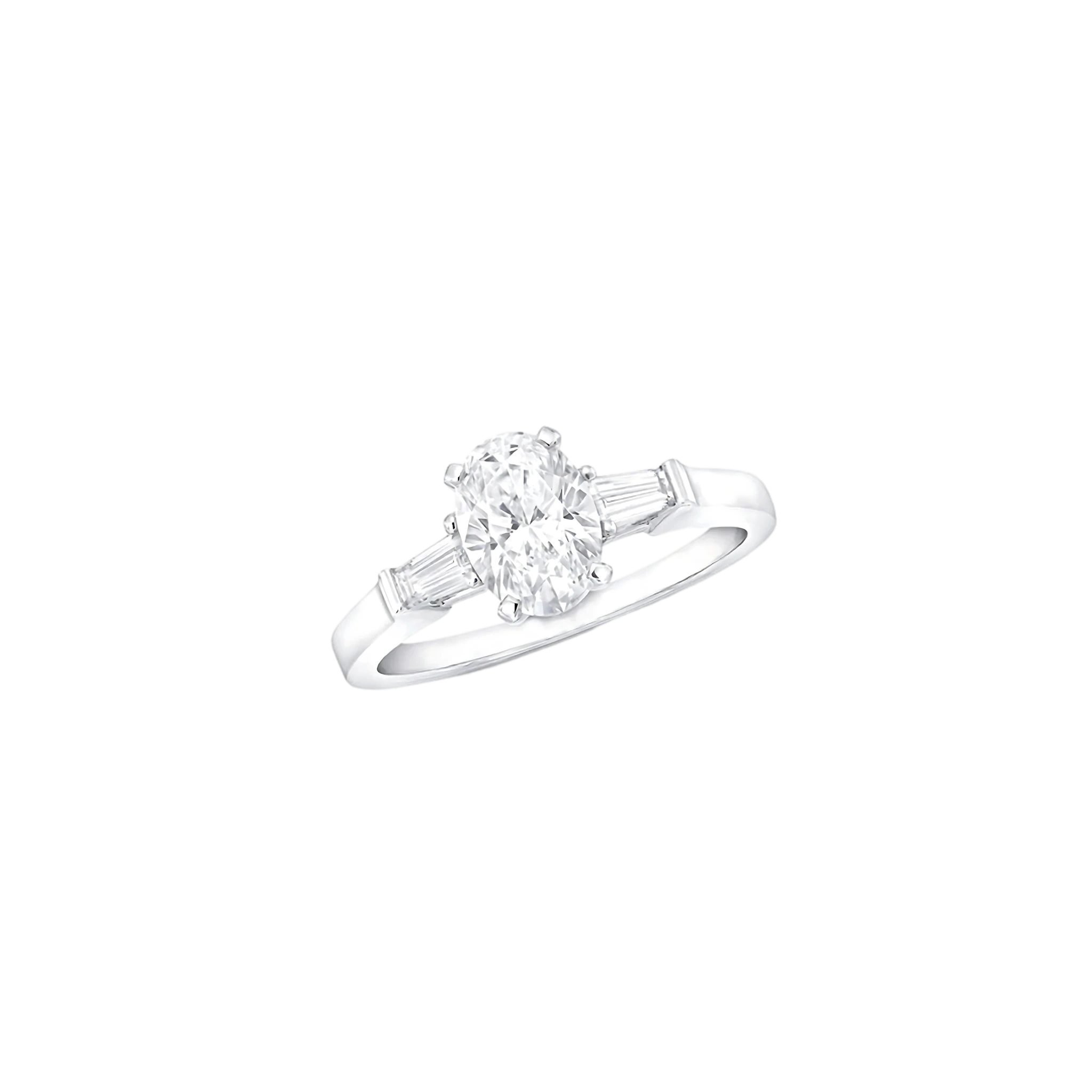 Diamond ring with a central gemstone and two smaller stones on a white background